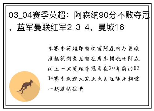03_04赛季英超：阿森纳90分不败夺冠，蓝军曼联红军2_3_4，曼城16