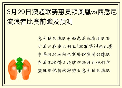 3月29日澳超联赛惠灵顿凤凰vs西悉尼流浪者比赛前瞻及预测