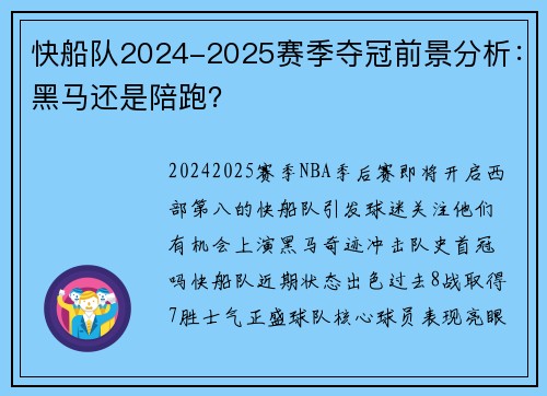 快船队2024-2025赛季夺冠前景分析：黑马还是陪跑？