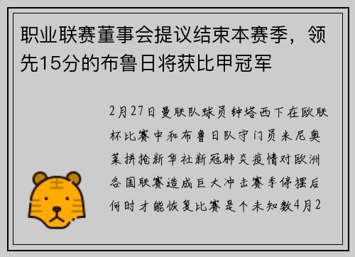 职业联赛董事会提议结束本赛季，领先15分的布鲁日将获比甲冠军